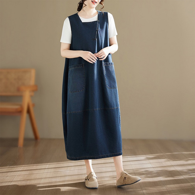 ANYOU 여성 데님 원피스 캐주얼 사선 포켓 빅사이즈 데님 원피스