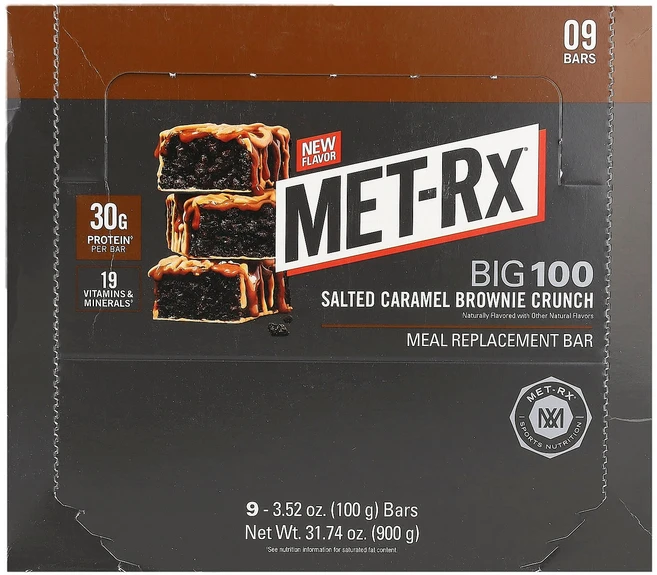 MET-Rx 빅 100 식사 대용 바 솔티드 카라멜 브라우니 크런치 9개입 개당 100g MTX-00001 - 쿠팡