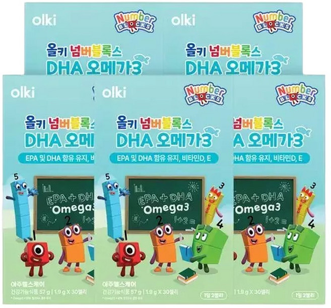 [아주헬스케어]올키 넘버블록스 DHA 오메가3 5박스 (75일분), 1.9g, 30정