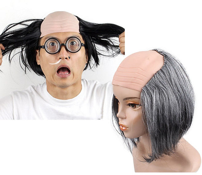 파티로 마빡이 가발 반대머리 장기자랑 공연 코믹 소품, 블랙