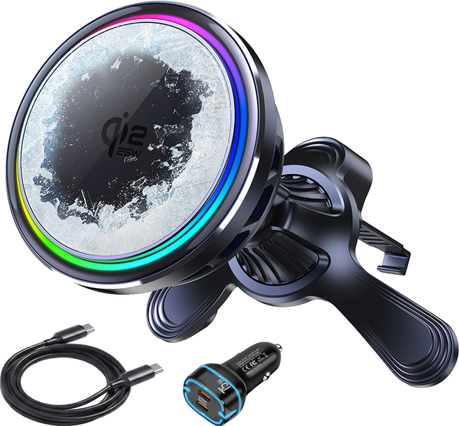 아이시(isee) Qi2 25W 맥세이프 냉각 쿨링 차량용 아이스맥 초고속 무선충전기+75W 시거잭+C to C케이블, 블랙