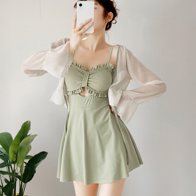 스토리원 WM-SSOS006 체형커버 원피스 가디건 세트 수영복, 연그린