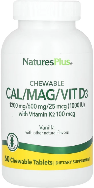 NaturesPlus 츄어블 비타민K2 함유 Cal/Mag/VitD3 바닐라 츄어블정 60정, NaturesPlus 츄어블 비타민K2..., 1개 - 쿠팡