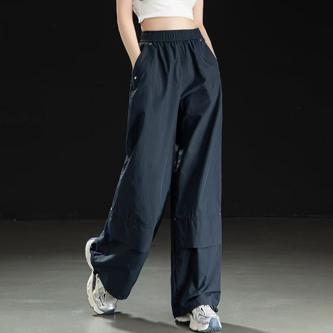 FANSYLI 여성 바람막이 봄 여름 하이웨스트 아이스 와이드 카고 바지 심플 빈티지 빠른 건조 조거 트레이닝 바지 바람막이 방수 트레킹 등산 바지 XR2512D27