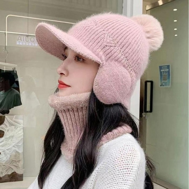 기타 방한 풀오버 니트 이너 방울털 귀마개 모자, 블랙