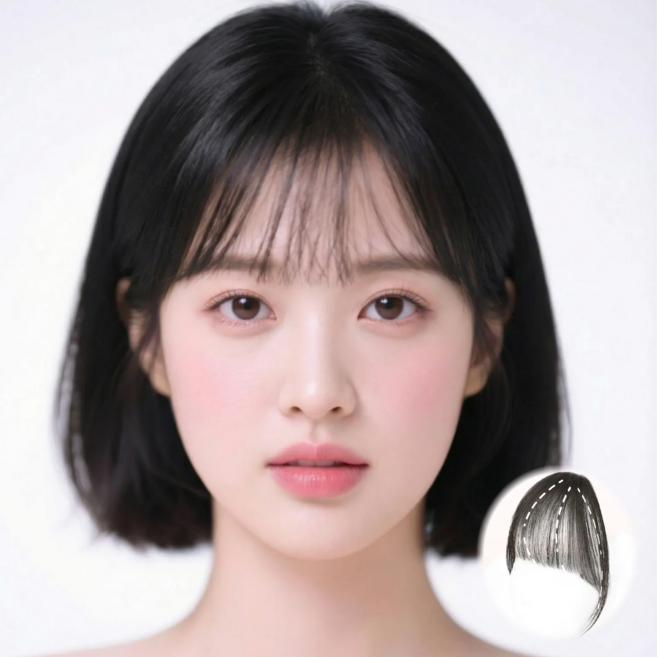 실루벨 시스루뱅 헤어피스 여자 앞머리 가발, 1개, 리얼 내추럴 블랙