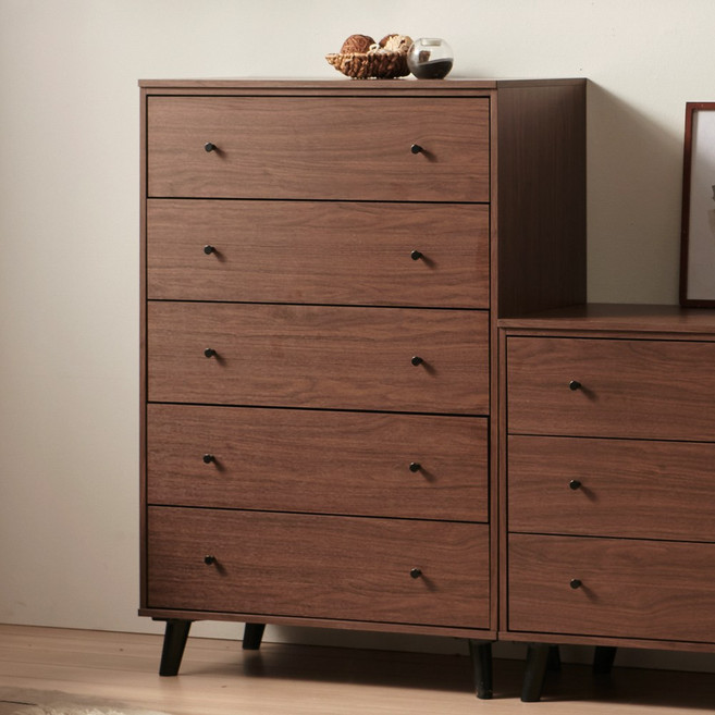 비에스디자인 모리 5단 서랍장 800, 월넛(짙은 밤색)