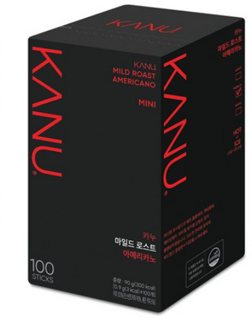 카누 미니 마일드 로스트 아메리카노 100T 부드럽고 깔끔한 인스턴트 스틱커피, 900mg, 100개입, 1박스