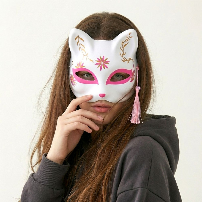 솔레르 일본 여우 가면 고양이 반가면, 1개, 핑크