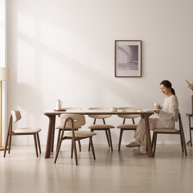 파로마 이즈 레나 1800 포세린 세라믹 6인 식탁 세트(식탁 의자6), 화이트, 내추럴