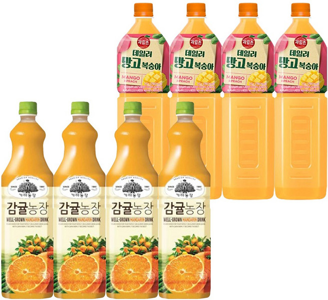 웅진 가야농장 감귤주스 + 해태htb 과일촌 데일리 망고복숭아 주스 (1.5 PET 혼합 각각 4개씩), 8개, 1.5L