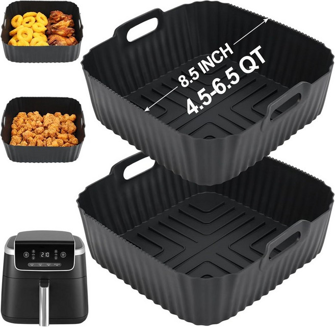 BYKIEN 닌자 에어프라이어 프로 5 QT AF141 AG301 코소리 5QT6QT 및 기타 4.5-6.5 에어프라이어용 실리콘 라이너 8.5인치 스퀘어 액세서리2개 세트, for 6 to 8 QT