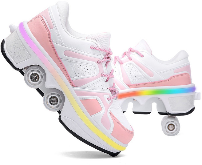 4륜 스케이트 컬러풀한 LED 조명 복열 스케이트 접이식 변형 바퀴 남녀공용 운동화 탈부착 스케이트 인라인 스케이트, 핑크 LED, 1개