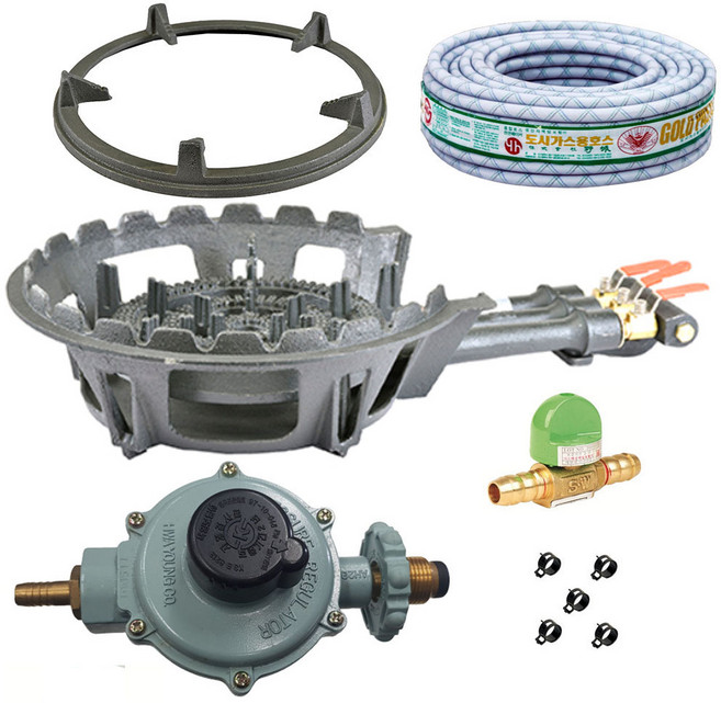 LPG호스 밸브 조정기 준저압삼중버너 업소용3구 풀세트, 1개, 준저압삼중 DA09SM+5K조정기+밸브+투명호스8m