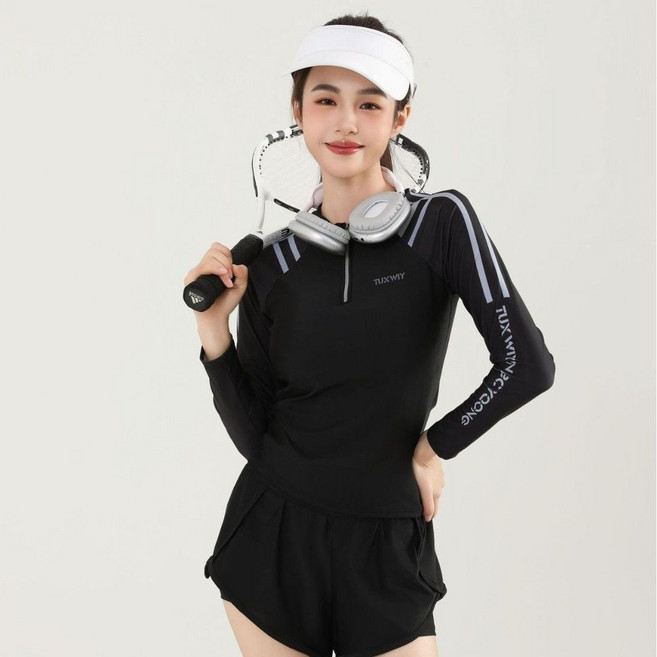 運動休閒長袖兩件式套裝 少女學生分體泳衣, 黑色,L100 110