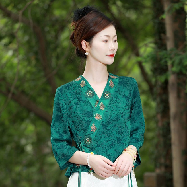 ORZQU 여름 여자 브이넥 7부소매 패치 자수 쇼트 개량한복