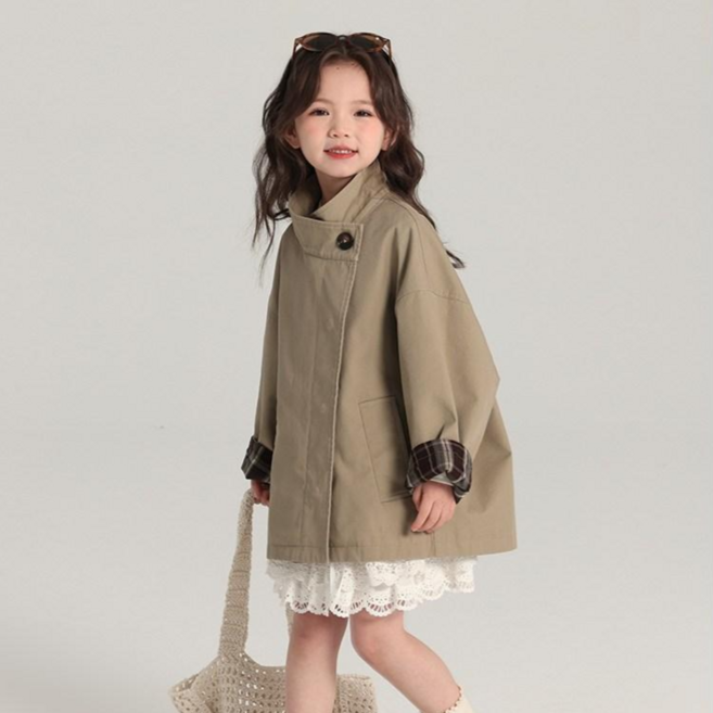 블링래빗 여아용 체크소매 와이드 트렌치 코트 봄 가을 상의