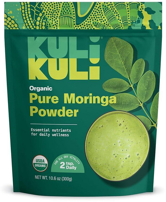 Kuli Kuli Moringa Oleifera 유기농 잎 파우더 & 그린 스무디 100% 순수 USDA 인증 및 GMO 프리 모링가 파우더 스무디 차 및 음식에 적합 -, 10.6 Ounce (Pack of 1), 1개, 300g