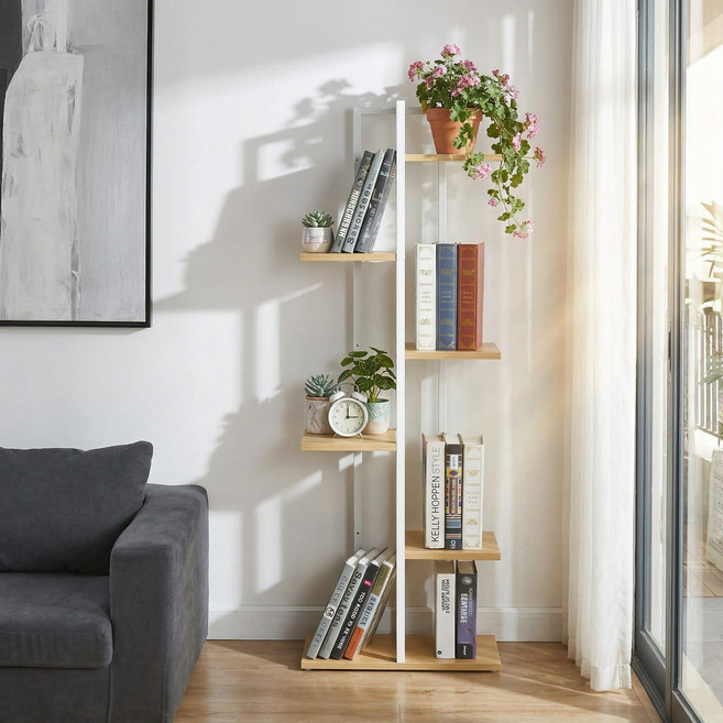 나인홈 철재 스탠딩 선반 화분 정리대 인테리어 거치대 수납 책장, 내추럴, 6단