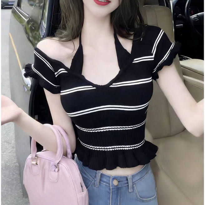 야오야오 홀터넥 오프숄더 레이어드 스트라이프 슬림핏 크롭 반팔 니트