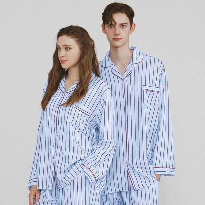 주디앤 코지 스트라이프 커플잠옷 여성 남성 긴팔 파자마 세트 홈웨어