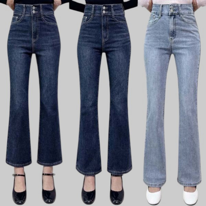 제이엠스타일 [숏/중/롱] S~2XL 봄 가을 여성 허리 스판 투버튼 부츠컷 청바지 하이웨스트 여자 빅사이즈 밴딩 나팔 데님팬츠 바지 키작녀 키큰녀