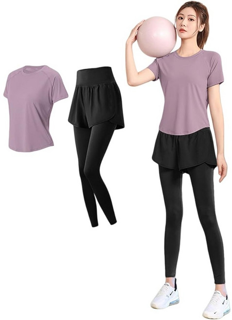 Karsaer 요가복 여성세트 필라테스복 루즈핏 반팔티셔츠 하이웨스트 요가바지 레깅스 필라테스 트레이닝 A0063