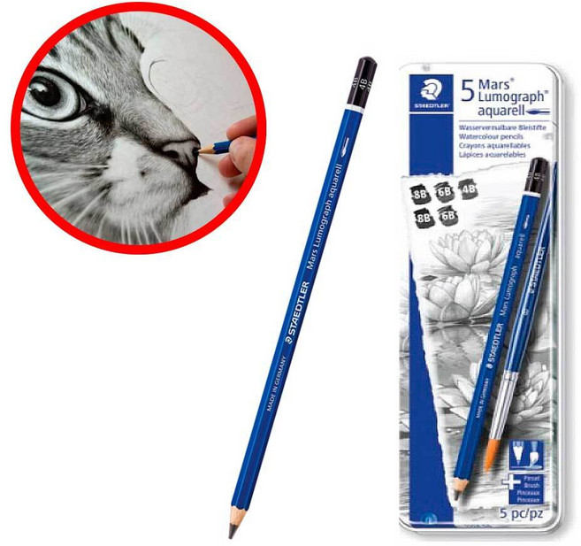 스테들러 마스 수채화 스케치 물에 녹는 전문가용 100A 수채연필 6본조 연필 붓 세트