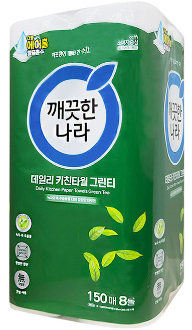 깨끗한나라 그린티 키친타올 150매 8롤 2팩, 8개입, 2개