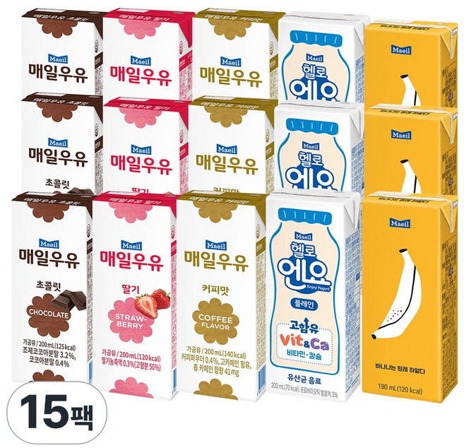 매일우유 각3개(총15개) 딸기3+초콜릿3+커피3+바나나3+엔요3, 200ml, 1세트