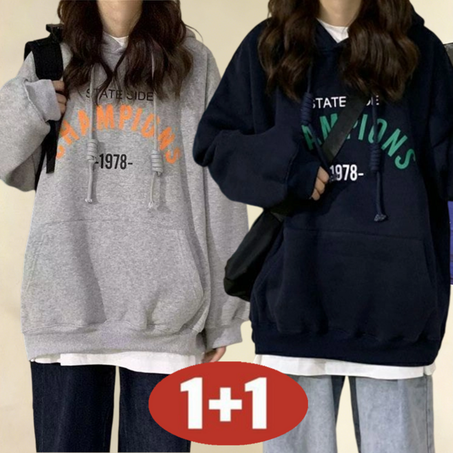 오스틱니 100kg까지 빅사이즈 [1+1] 여성용 봄가을 슬림핏 심플 프린트 외출용 후드티 간절기