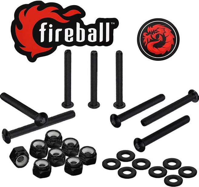 Fireball Dragon 블랙 스테인리스 스틸 롱보드/스케이트보드 장착 하드웨어 세트 | 초강력 + 녹 방지 (플랫 앨런 4.4cm(1.75인치)), 버튼 앨런