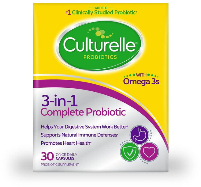 Culturelle 3-in-1 컴플리트 프로바이오틱 데일리 포뮬라 하루에 한 번 보충제 소화 시스템이 더 잘 작동하도록 도와줍니다 자연 면역 방어 지원 오메가 3 GMO 프리, 1개