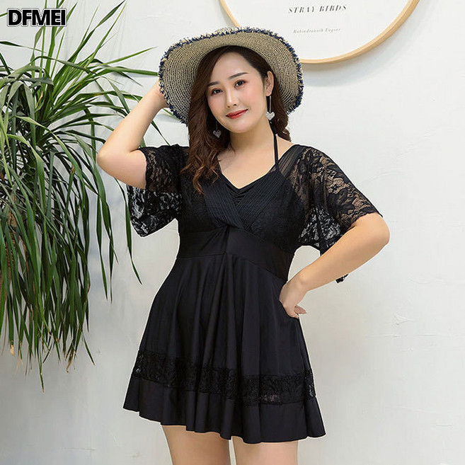 DFMEI 大碼連體保守泳衣女遮肚顯瘦100KG胖mm溫泉加肥加大溫泉泳裝, XXL(65-85Kg)