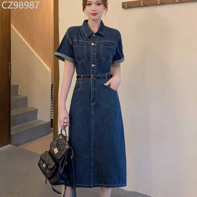大碼女裝胖mm牛仔連衣裙女2024夏季新款遮肚顯瘦裙子, 復古藍長款 （贈送腰帶）,XL 130-145