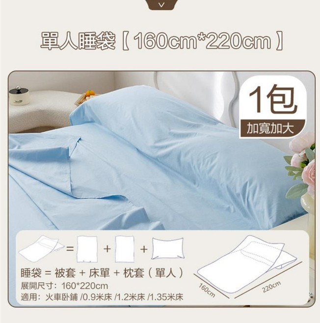 川木良品 一次性旅行組 拋棄式睡袋 (200*220cm) - 一次性床罩 枕頭套 & 被套, 1個, 藍色單人睡袋 【160*220cm】