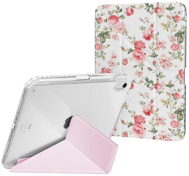 Ouinice 아이패드 11세대 A16 케이스 11인치 2025 10세대 10인치 2022년 케이스 펜슬 홀더 포함 종이 접기 3단 다각도 스탠드 슬림 클리어 백 커버, 핑크 로즈