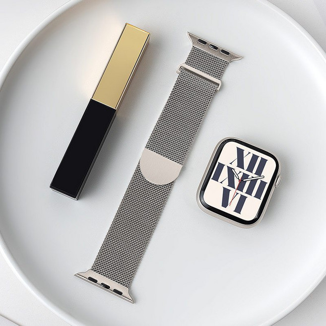 Apple Watch 磁吸米蘭錶帶 適用 SE 1-8代通用, 星光色-圓尾米蘭,38mm/40mm/41mm通用, 1個