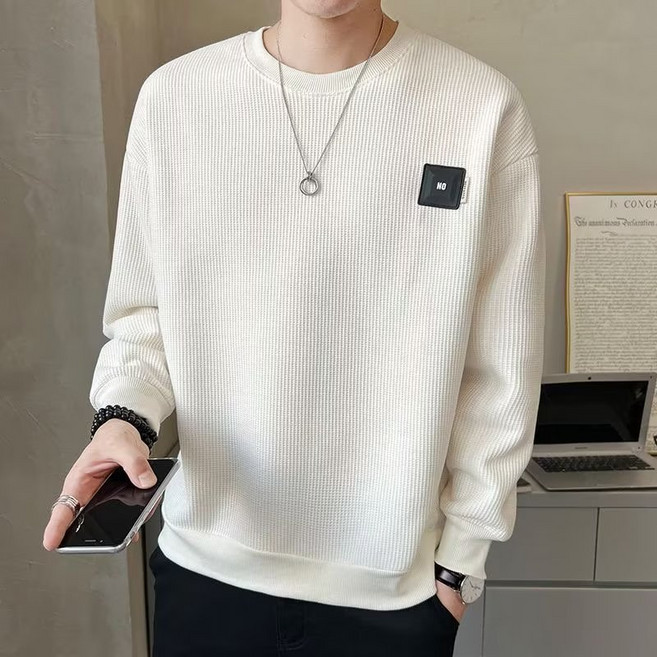 와플 원단 라운드넥 스웨트셔츠 남성용 긴팔 티셔츠 남성용 봄/가을 가을옷 트렌디 브랜드 학생 청소년용
