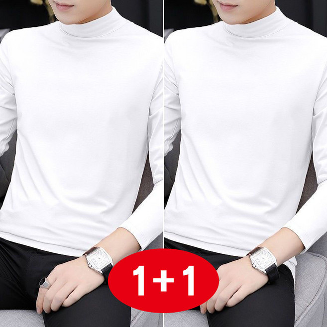 1+1 남성 반폴라 긴팔 티셔츠 봄가을 캐주얼 슬림핏 이너 상의 트렌디 코디 무지 반목 긴팔티 WMY