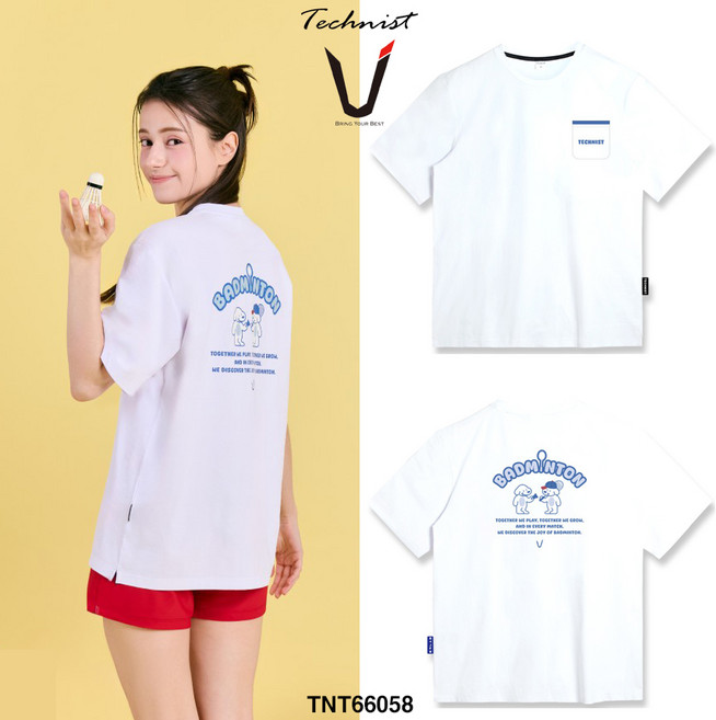 테크니스트 티셔츠 배드민턴 반팔 상의 코튼라이크 오버핏 퓨어 화이트 TNT66058 남녀공용
