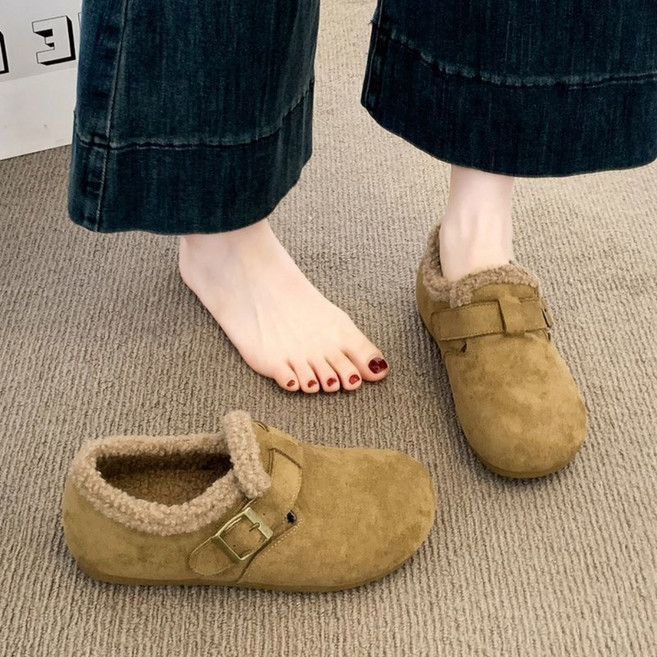 uniquezon 여성 발편한 양털 기모 스웨이드 로퍼 슬립온 플랫 단화 신발 겨울