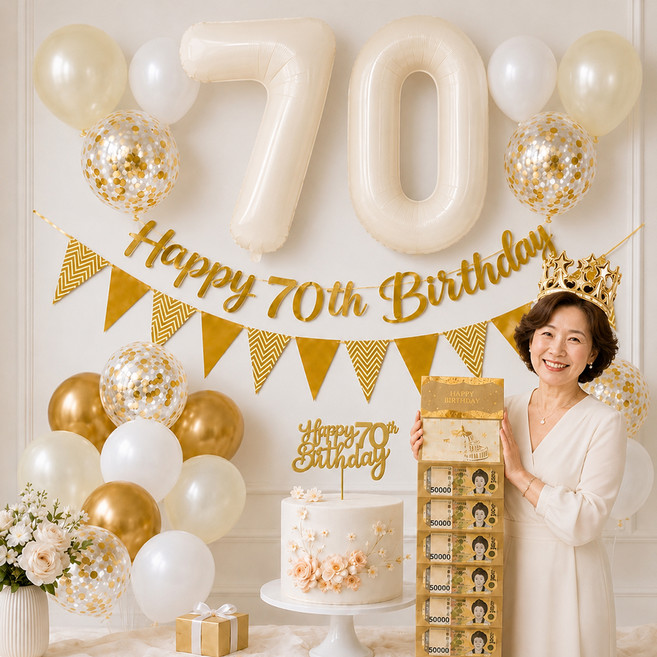 이벤트홀릭 칠순 파티용품 세트 70 숫자풍선 생일 가랜드 용돈카드 옵션, 1개, 04. 크림(풀세트)