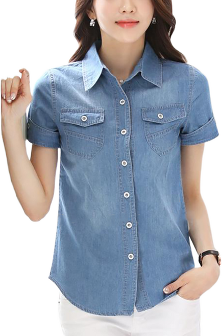셀럽당 순면 데님 셔츠 여성 반팔 상의 슬림핏 셔츠 코트 얇은