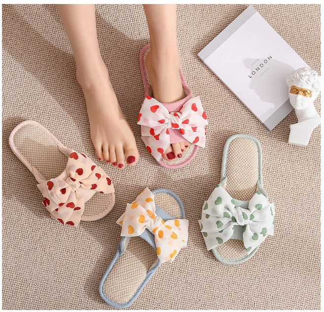 층간소음 실내화 거실화 리본 실내 거실 슬리퍼 면 룸슈즈, 초록, 1개