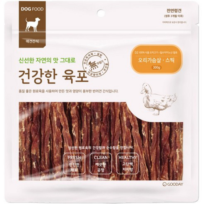 굿데이 건강한 육포, 오리가슴살 스틱, 300g, 6개