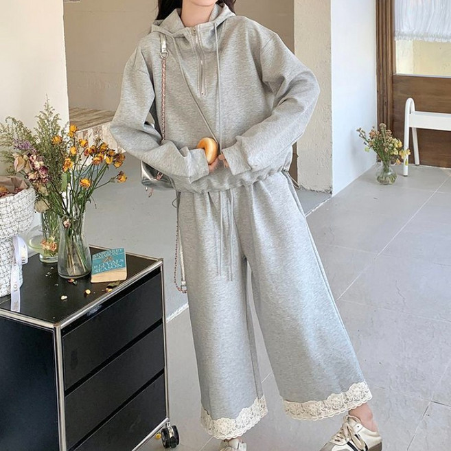 COSYEVNO 봄 여자 트레이닝 세트 레이스 러블리 루즈핏 캐주얼 후드티+바지 투피스