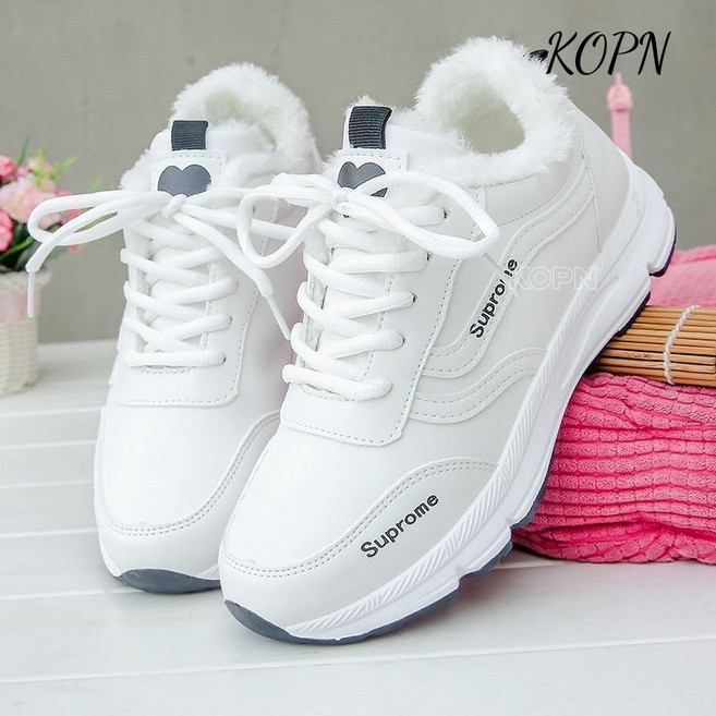 KOPN가을/겨울 운동화 여자 신발 ins 스니커즈 겨울 기모 면 신발 캐주얼 흰 신발 키 높이 스니커즈