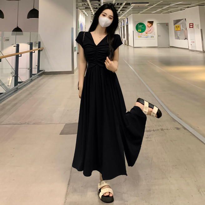 DFMEI 大碼女裝法式復古V領收腰連衣裙茶歇氣質高級感度假開叉裙子, 加大XXXL