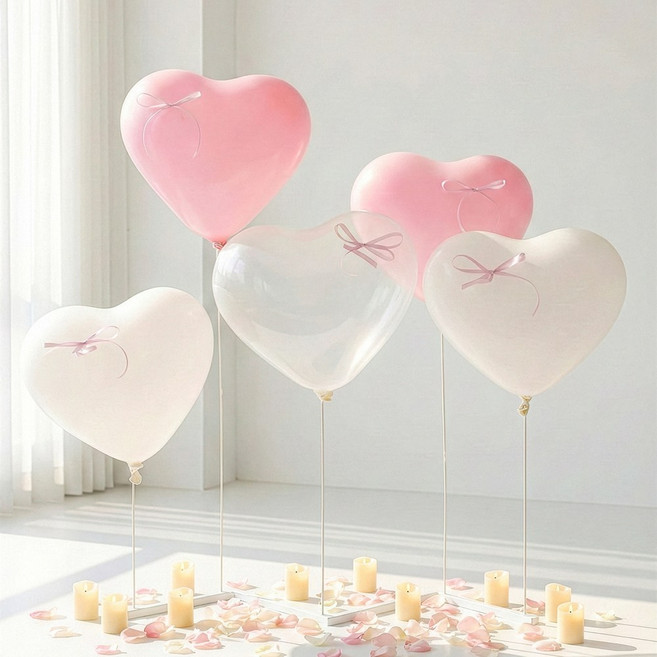 하트 풍선 파스텔 홈파티 프로포즈 발레코어 리본포함 일자형 스탠드, 1개, 01. 로맨틱 핑크 (투명3개+화이트3개+핑크3개)